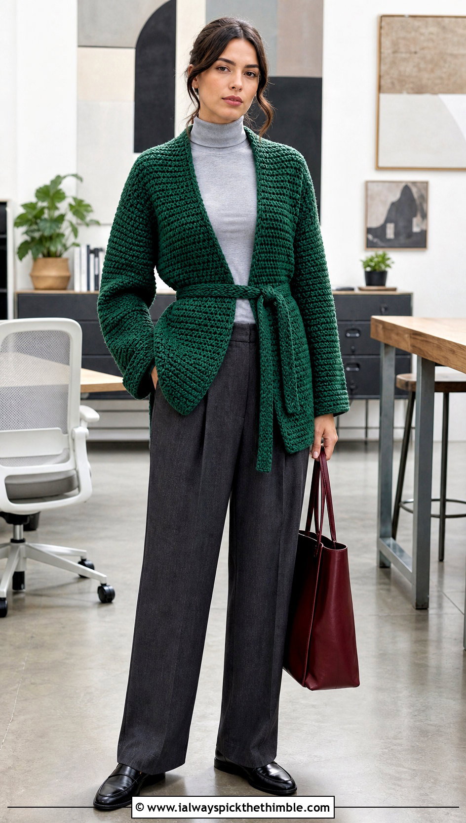 Belted Crochet Blanket Jacket With Tailored Pants - 20 crochet blanket jacket outfit ideas