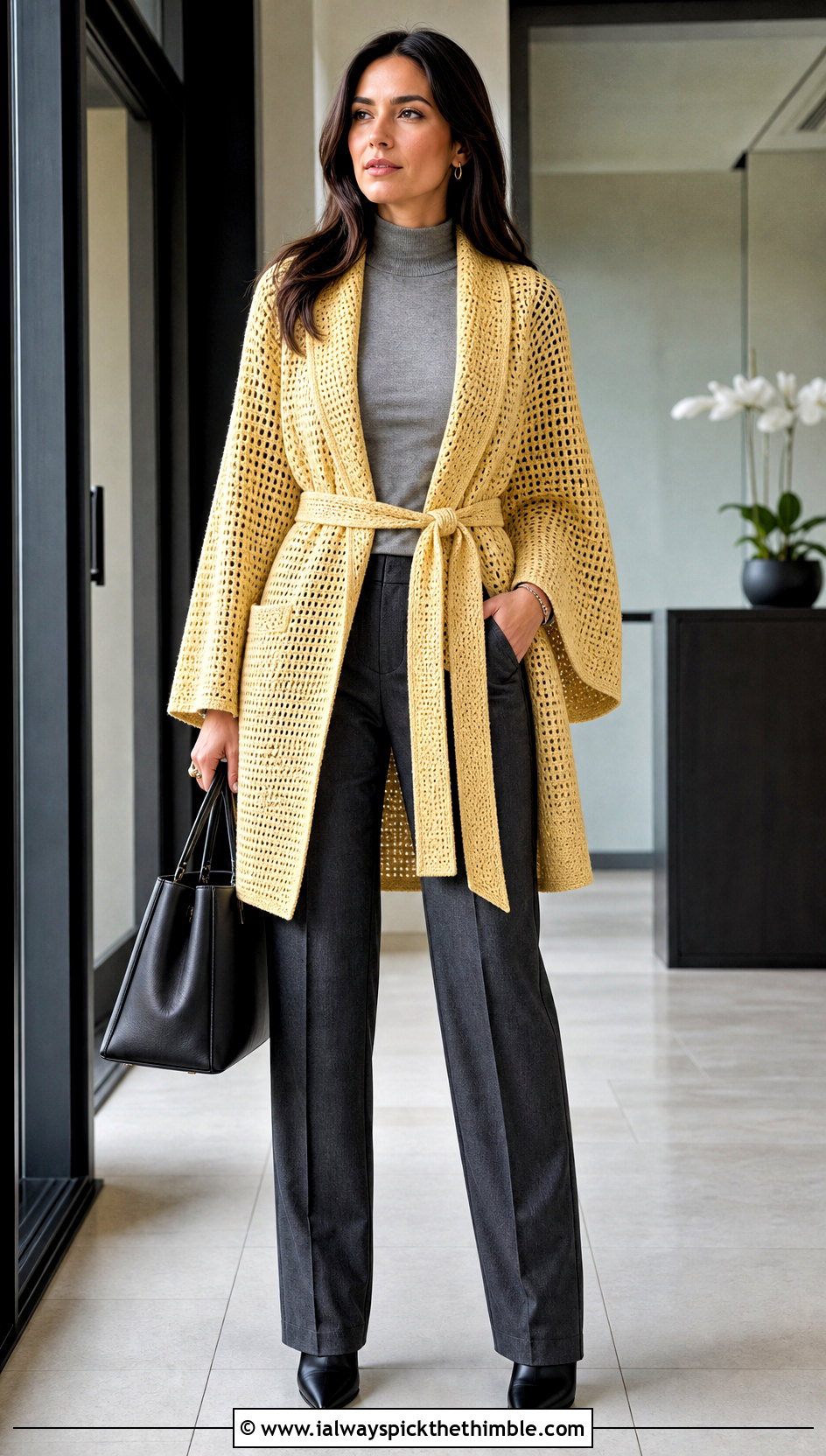 Belted Crochet Cape Coat With Tailored Trousers - 15 Crochet Cape Coat outfit ideas