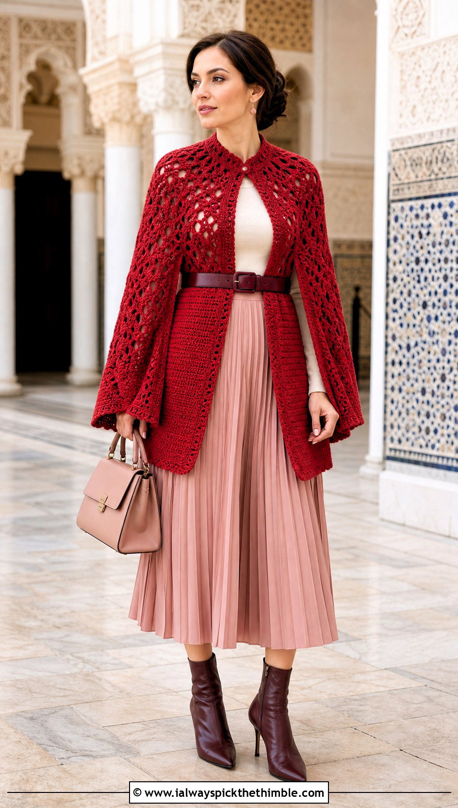 Belted Crochet Cape With A Pleated Midi Skirt - 25 crochet cape outfit ideas