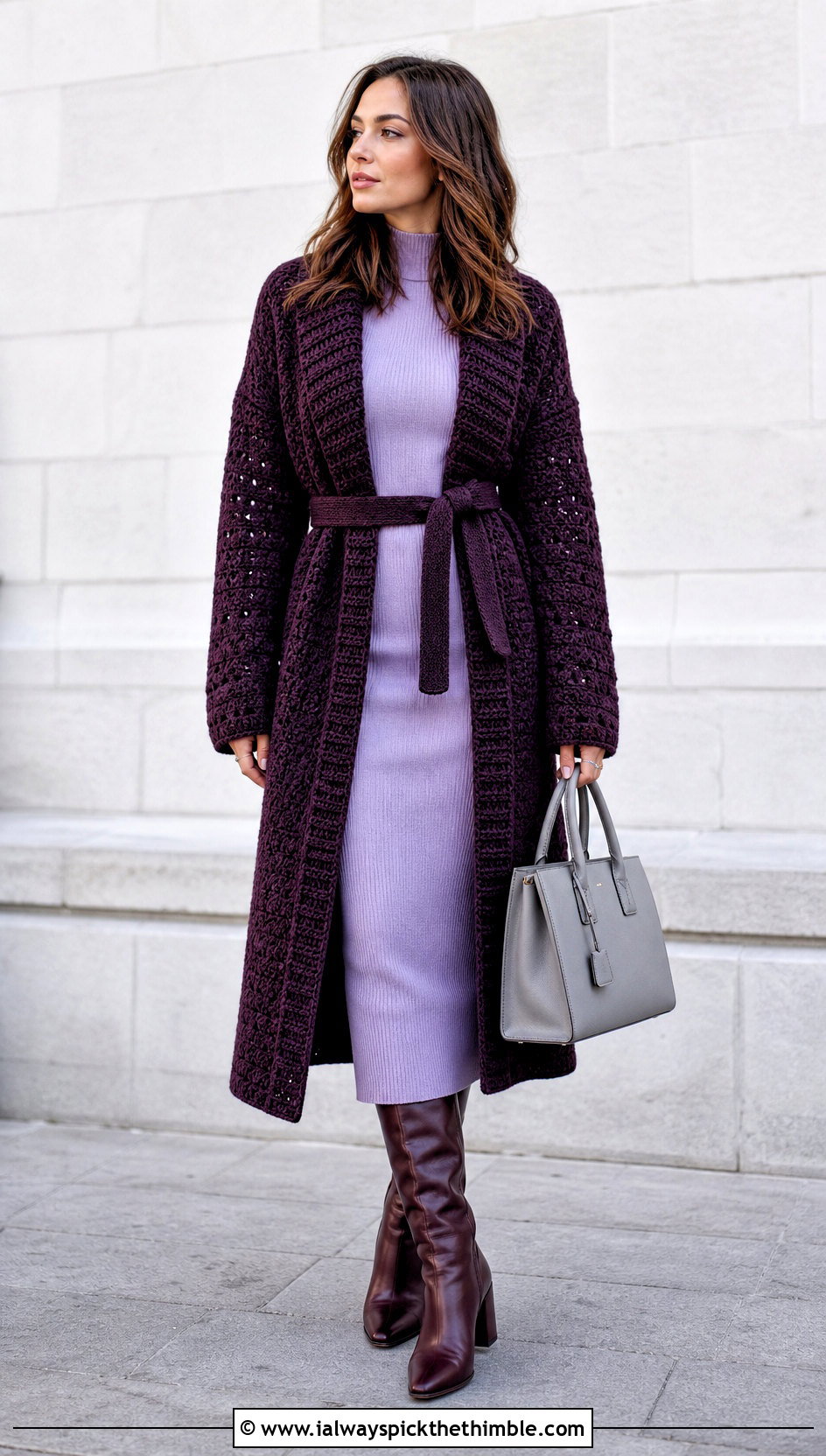 Belted Crochet Cardigan Coat With Knit Midi Dress - 20 Crochet Cardigan For Women Sweater Coats outfit ideas