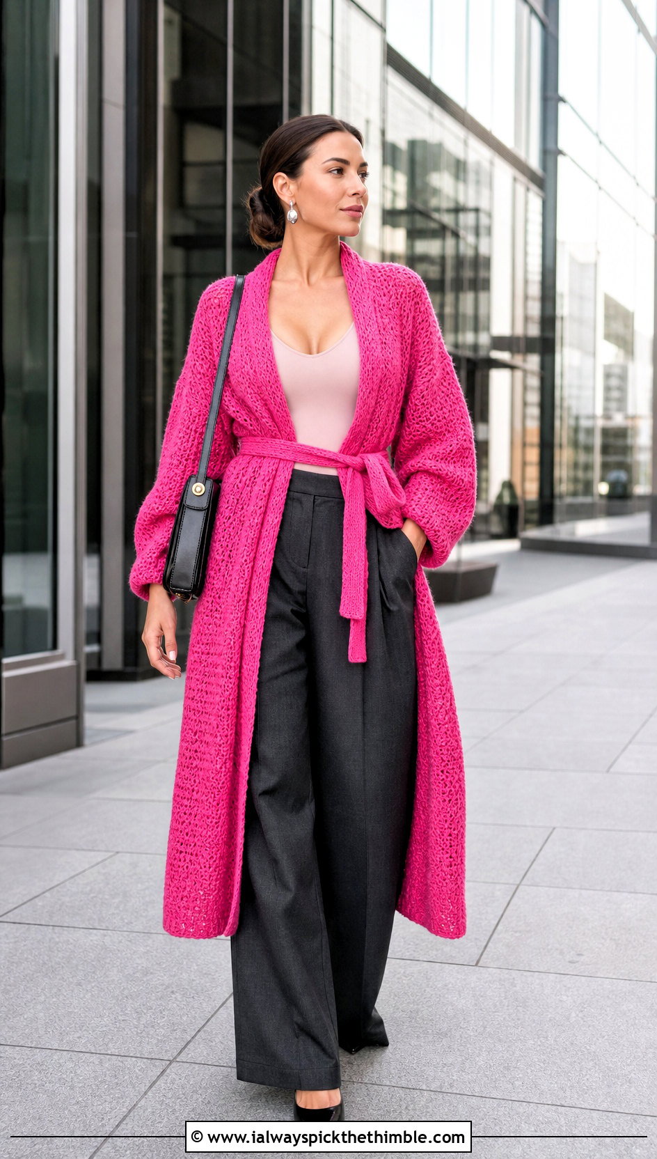 Belted Crochet Cardigan Coat With Wide Leg Trousers - 20 crochet long cardigan sweater coats outfit ideas