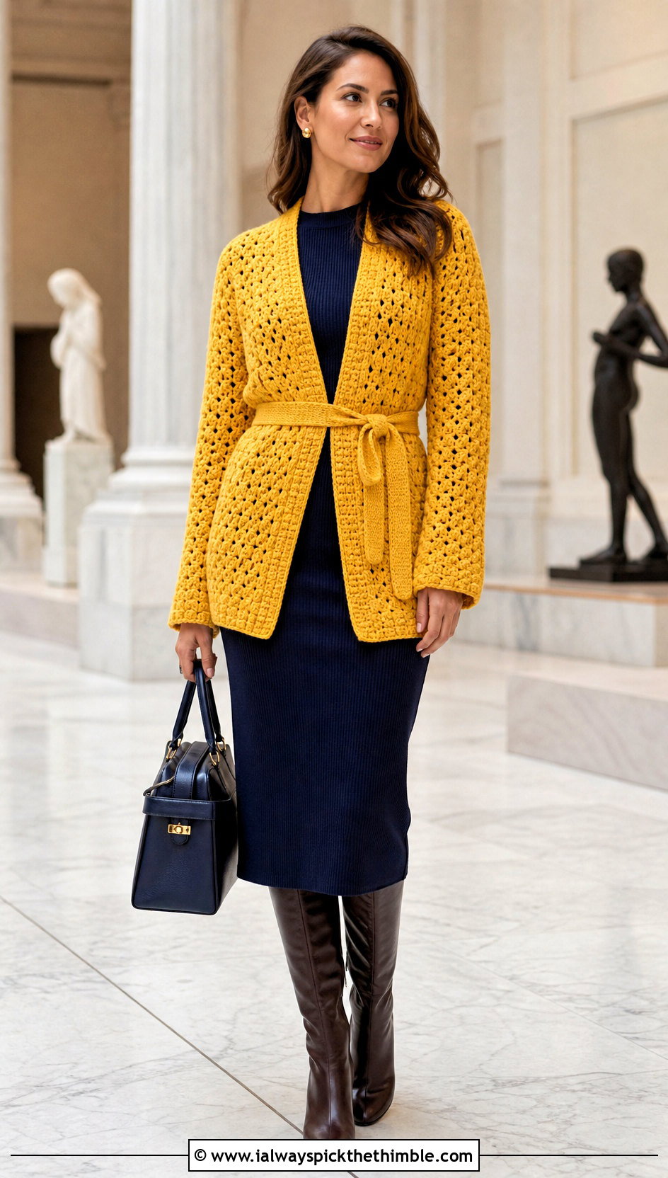 Belted Crochet Cardigan Sweater With Knit Midi Dress - 15 Easy Crochet Cardigan Sweater outfit ideas
