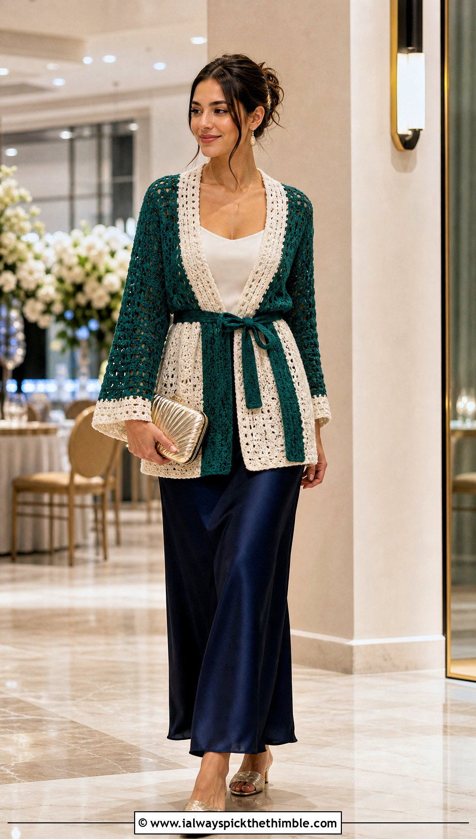 Belted Crochet Cardigan With A Satin Slip Skirt - 20 green and white crochet cardigan outfit ideas