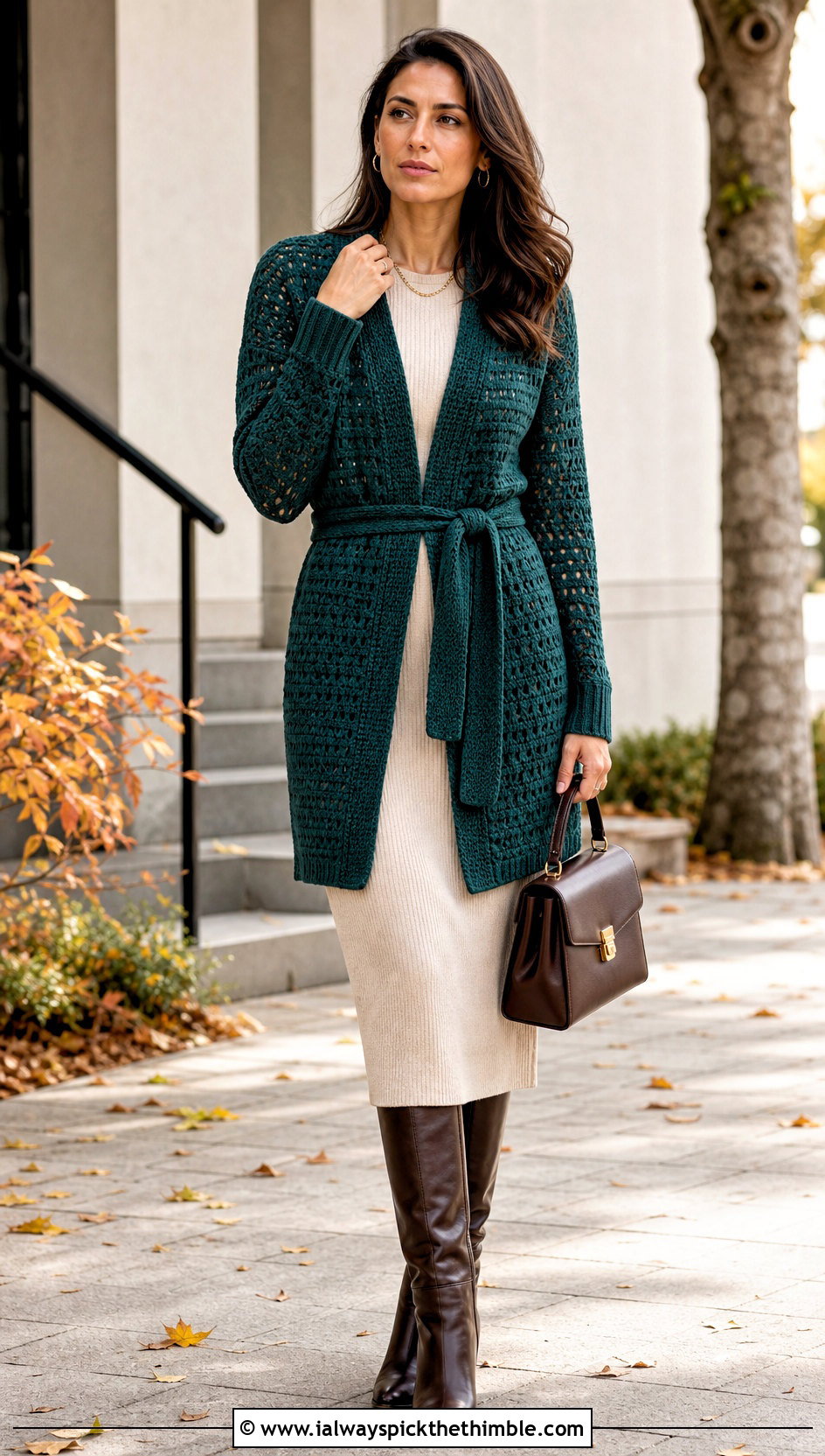Belted Crochet Cardigan With Knit Midi Dress - 20 Crochet Fancy Cardigan outfit ideas