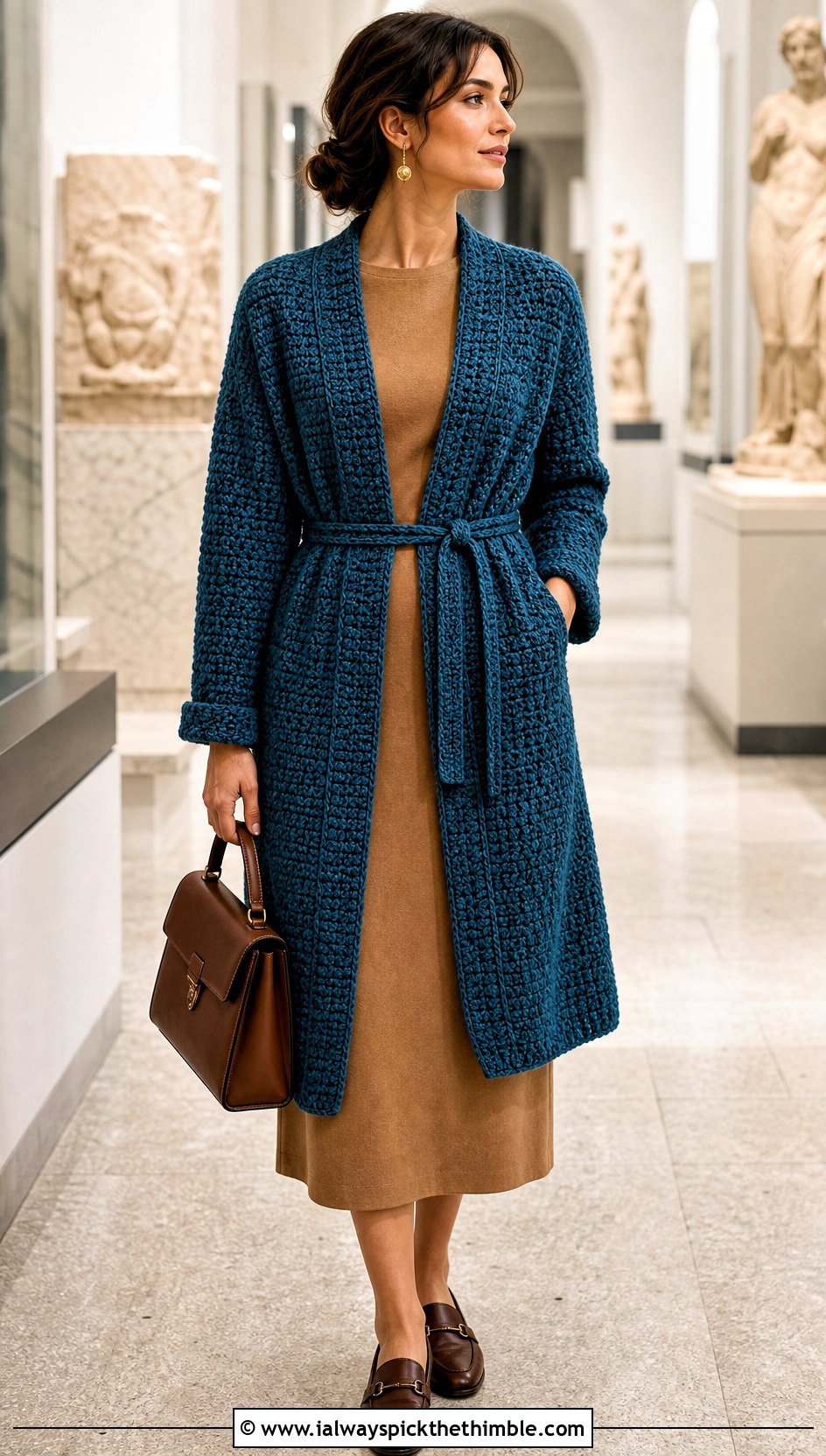Belted Crochet Cardigan With Midi Dress - 20 Crochet Cardigan Outfit Aesthetic outfit ideas