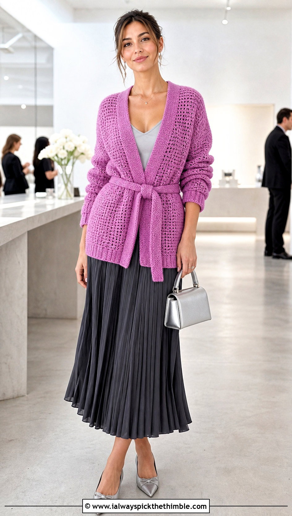 Belted Crochet Cardigan With Pleated Midi Skirt - 20 diy crochet cardigan outfit ideas