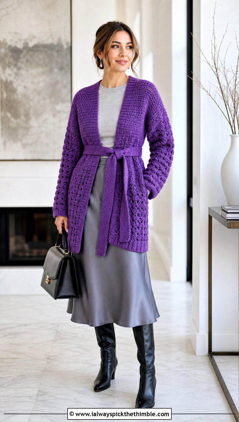 Belted Crochet Cardigan With Satin Midi Skirt - 15 Couch Crochet Cardigan outfit ideas
