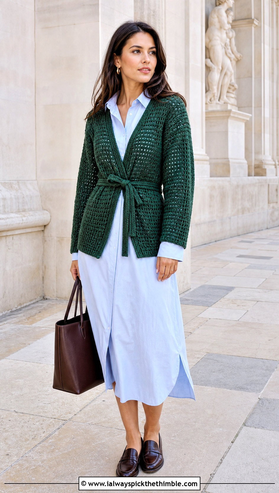 Belted Crochet Cardigan With Shirt Dress - 20 basic crochet cardigan outfit ideas