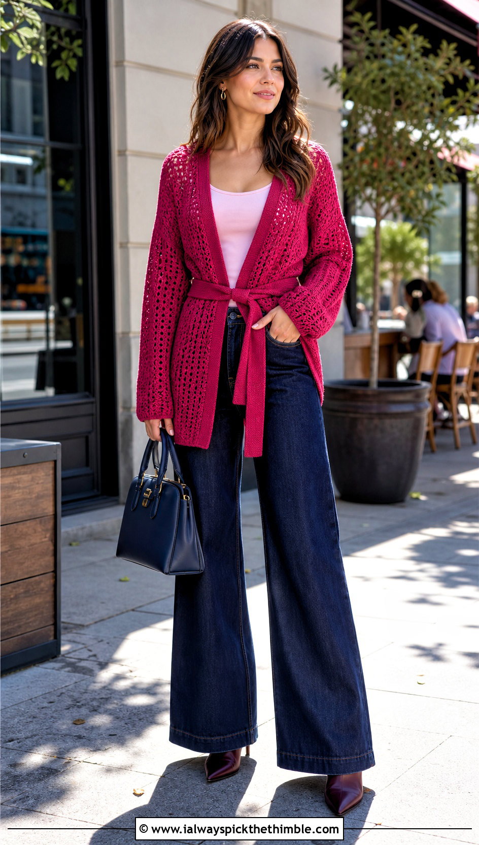 Belted Crochet Cardigan With Wide Leg Jeans - 25 crocheted cardigan outfit ideas