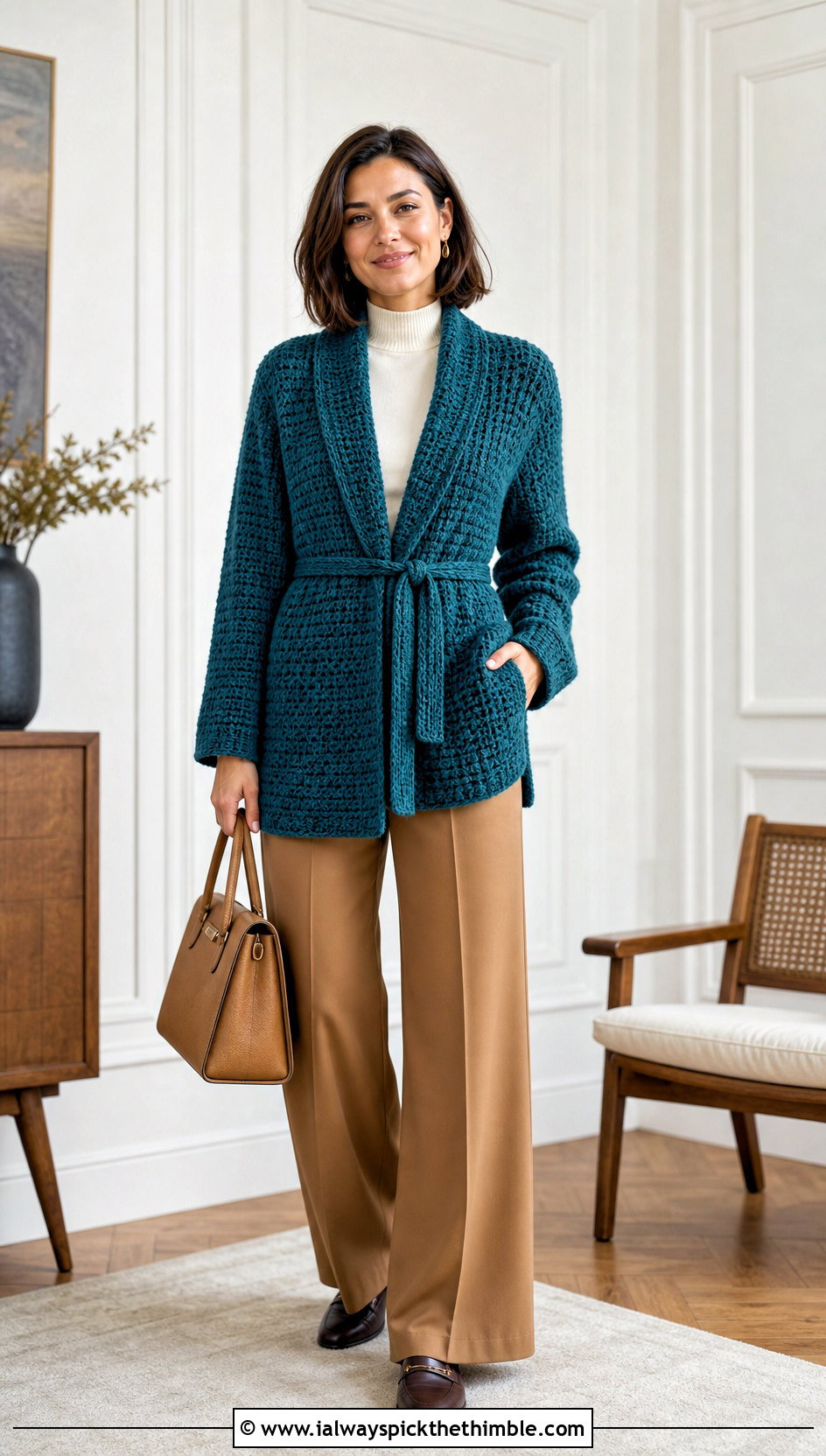 Belted Crochet Cardigan With Wide Leg Trousers - 15 Crochet Cardigan Fall Fashion and outfit ideas