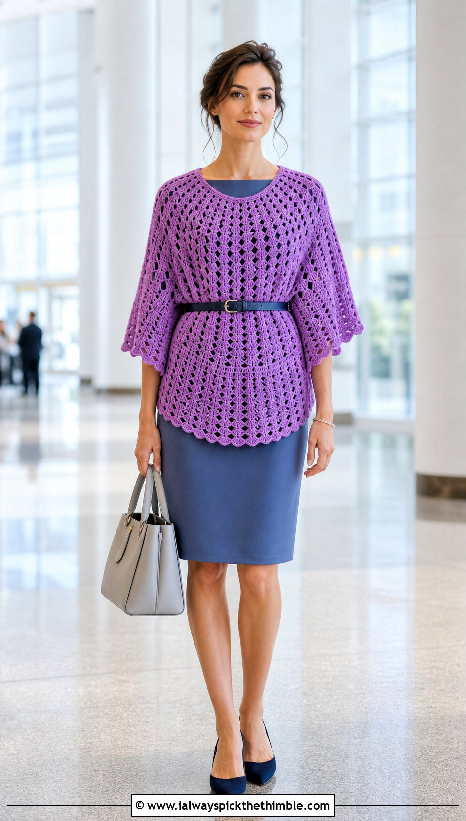 Belted Crochet Circular Poncho With Knee Length Dress - 20 Crochet Circular Poncho outfit ideas
