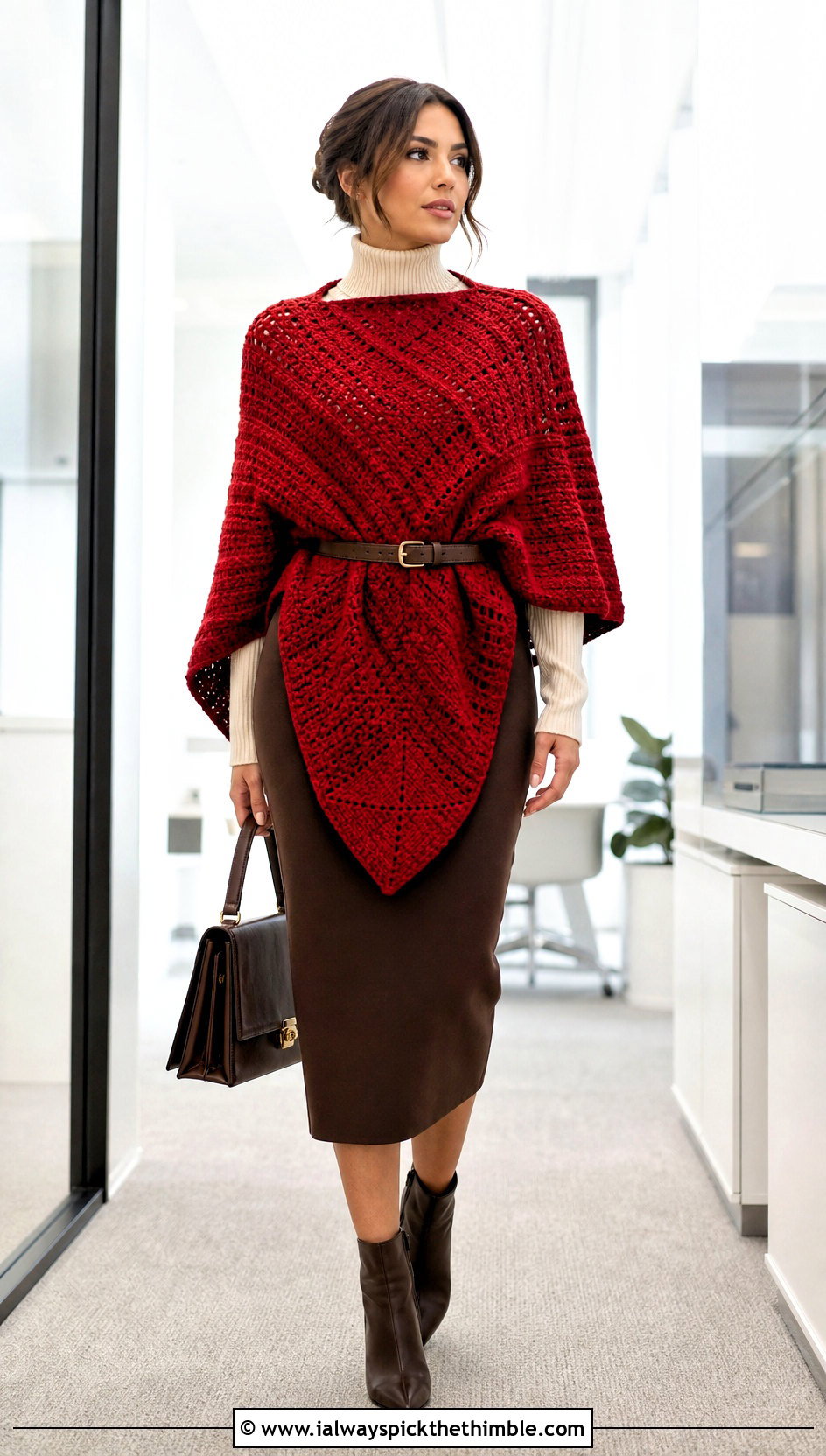 Belted Crochet Clint Eastwood Poncho With Pencil Skirt - 15 Crochet Clint Eastwood Poncho outfit ideas