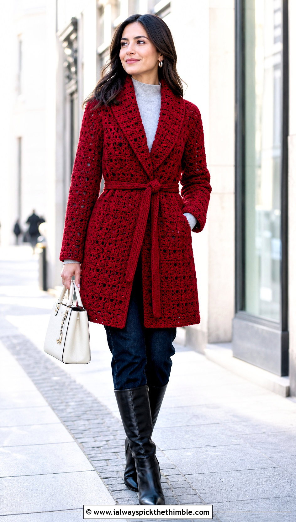 Belted Crochet Coat Jacket With Knee High Boots - 25 easy crochet jacket outfit ideas