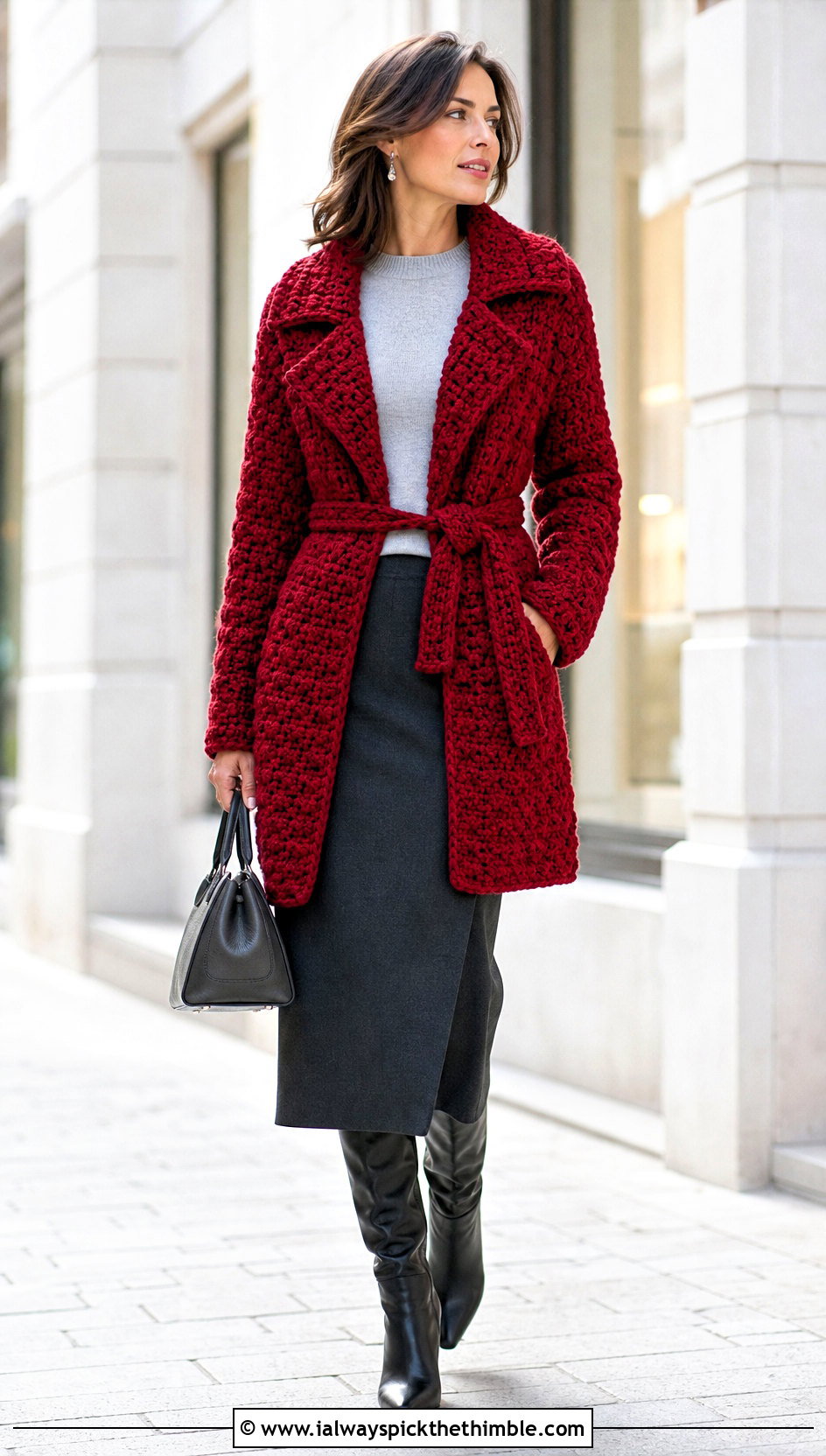 Belted Crochet Coat Jacket With Knee High Boots - 20 crochet jacket for ladies outfit ideas