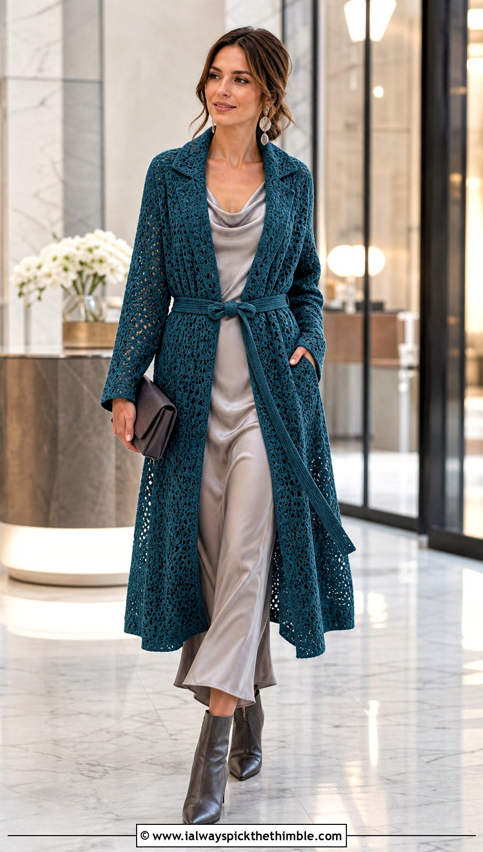 Belted Crochet Coat With Satin Midi Dress - 15 crochet coat size m outfit ideas