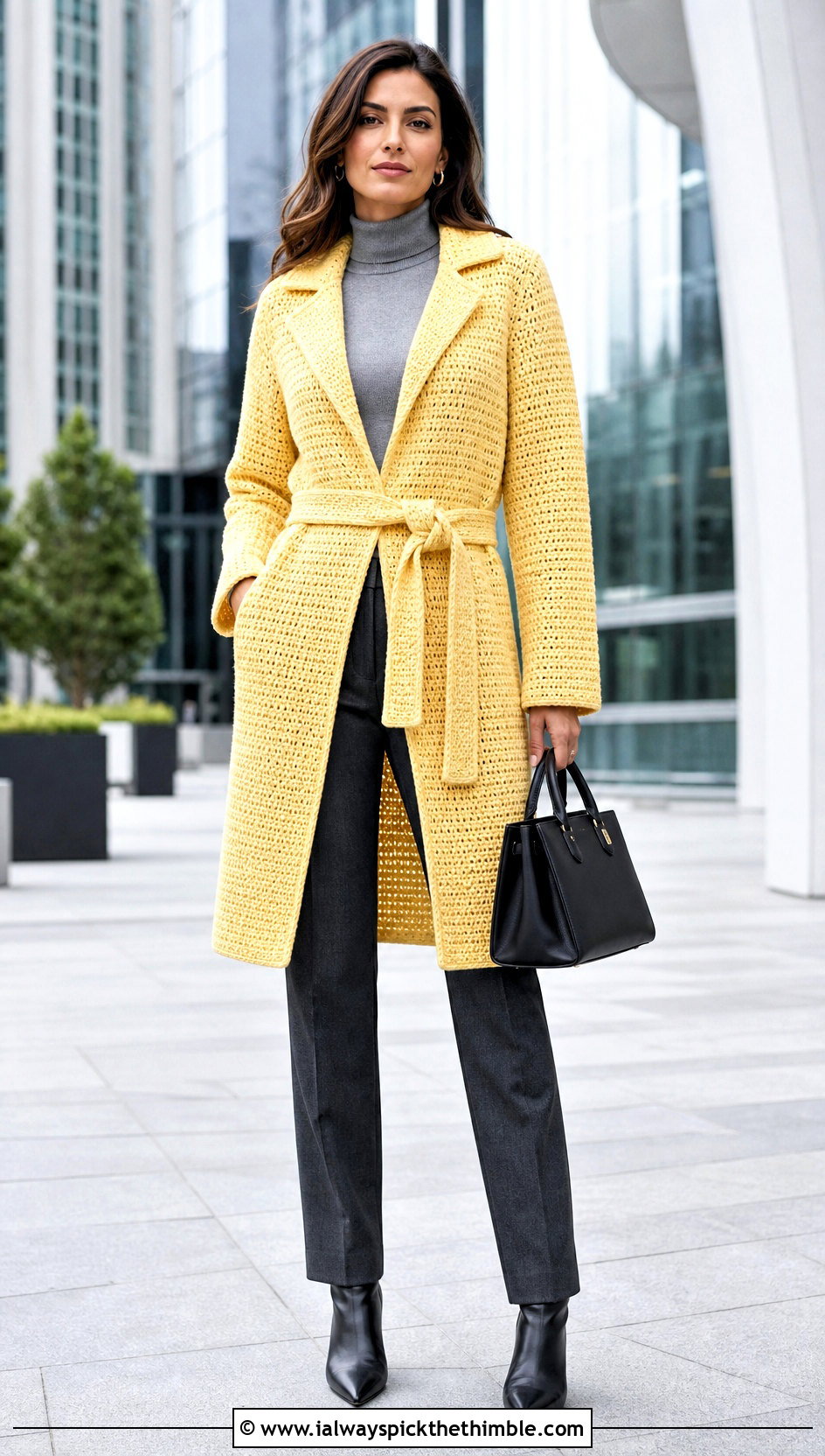 Belted Crochet Coat With Tailored Trousers - 20 Crochet Coat For Women outfit ideas