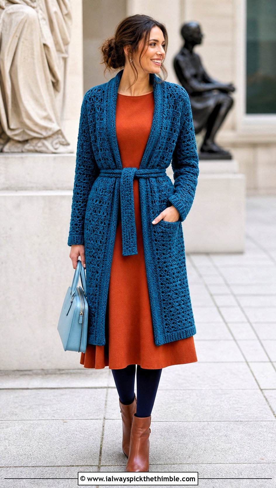 Belted Crochet Coatigan With A Line Dress - 20 kawaii crochet cardigan outfit ideas