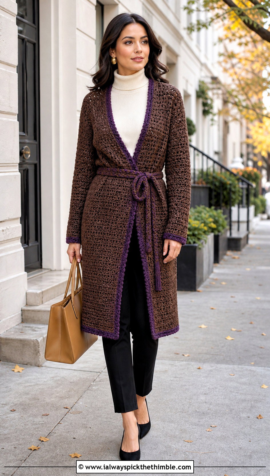 Belted Crochet Coatigan With Ankle Pants - 15 neutral tone crochet cardigan outfit ideas