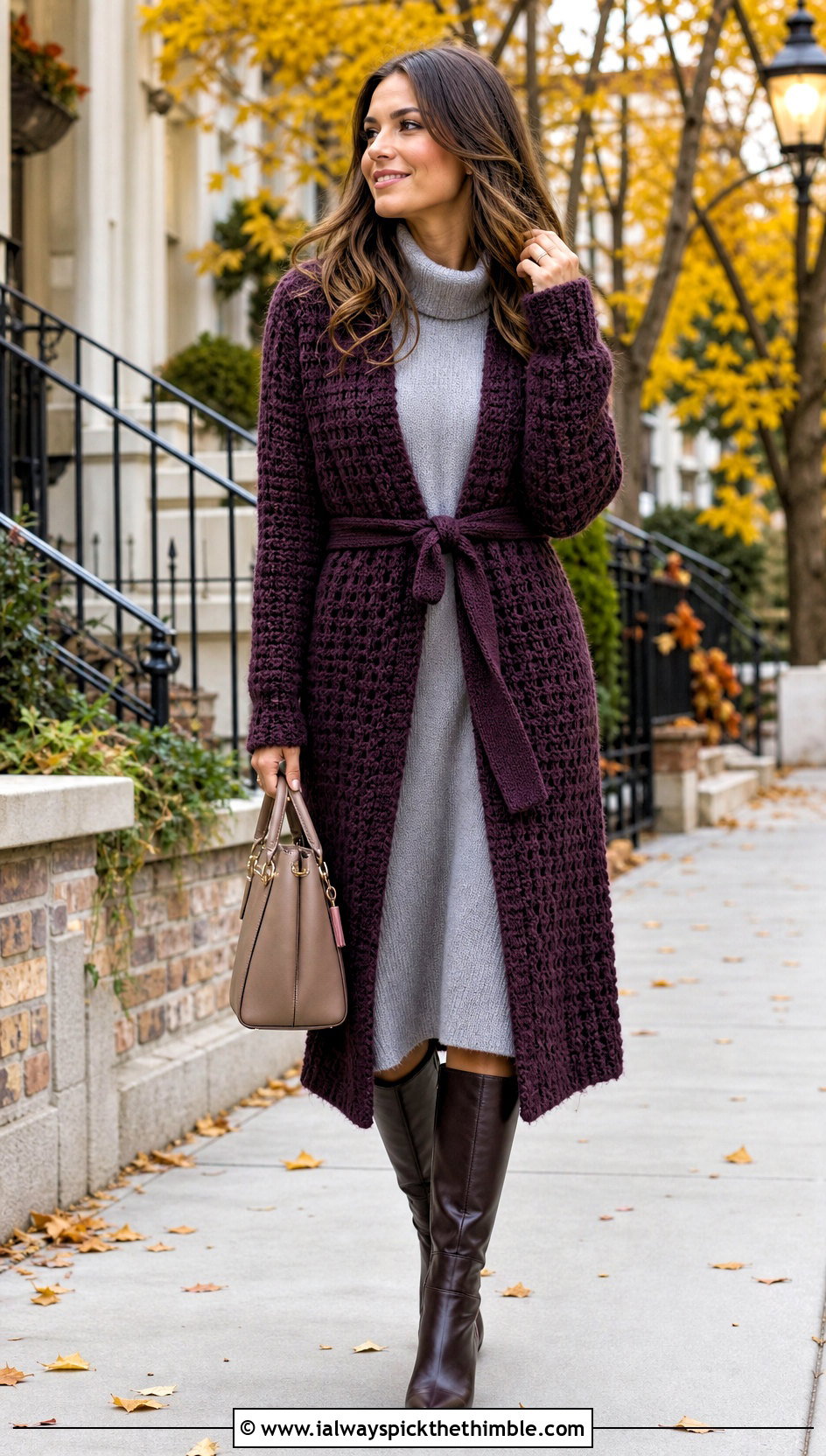 Belted Crochet Coatigan With Knit Midi Dress - 20 fast crochet cardigan outfit ideas