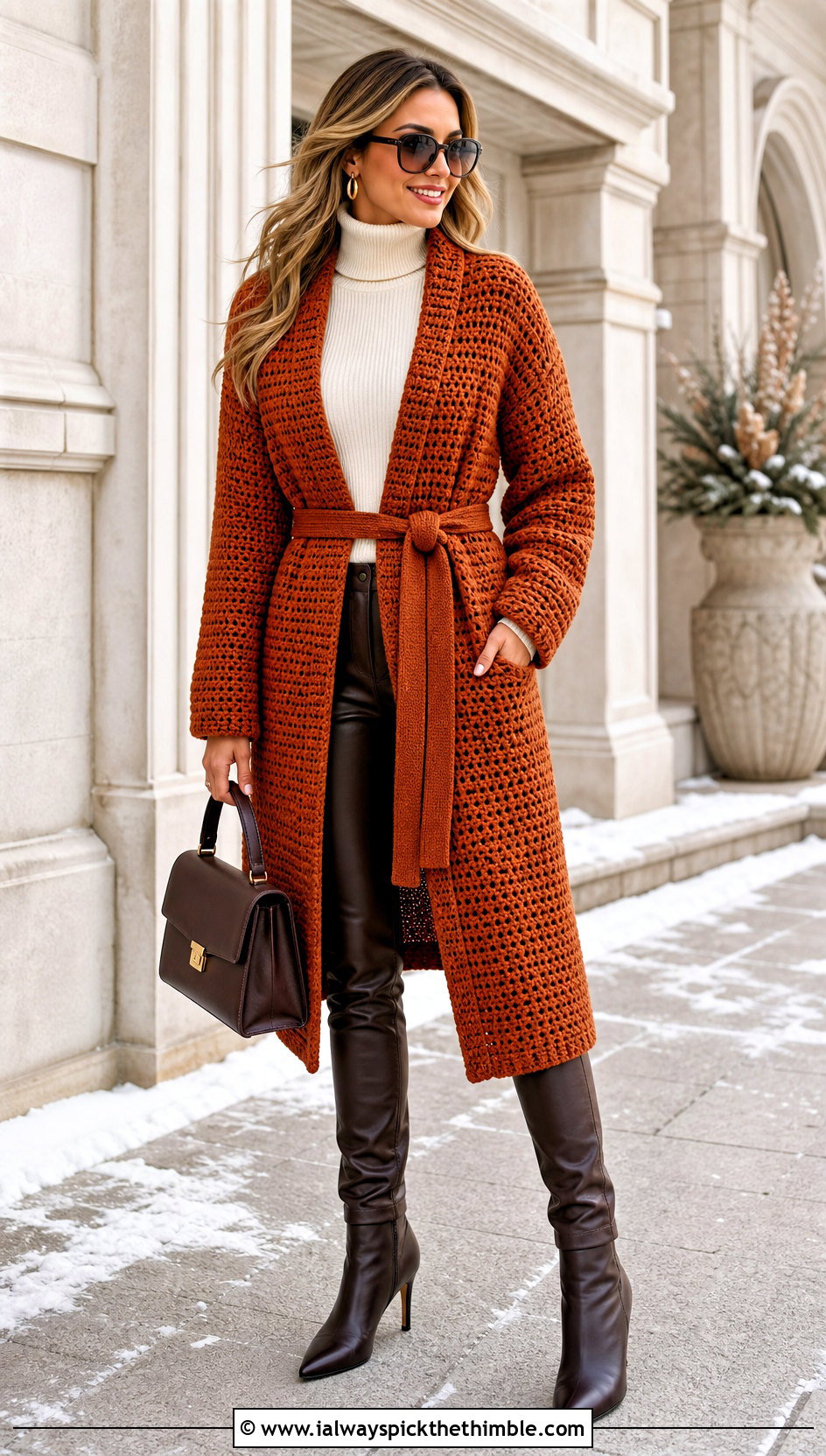 Belted Crochet Coatigan With Leather Pants - 25 cute crochet cardigan outfit ideas