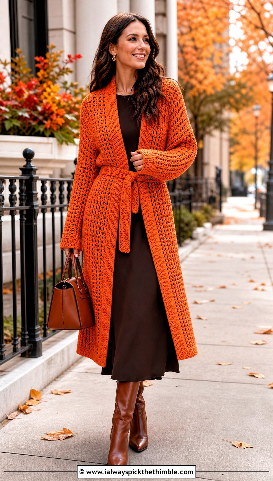 Belted Crochet Coatigan With Midi Dress - 20 elegant crochet cardigan outfit ideas