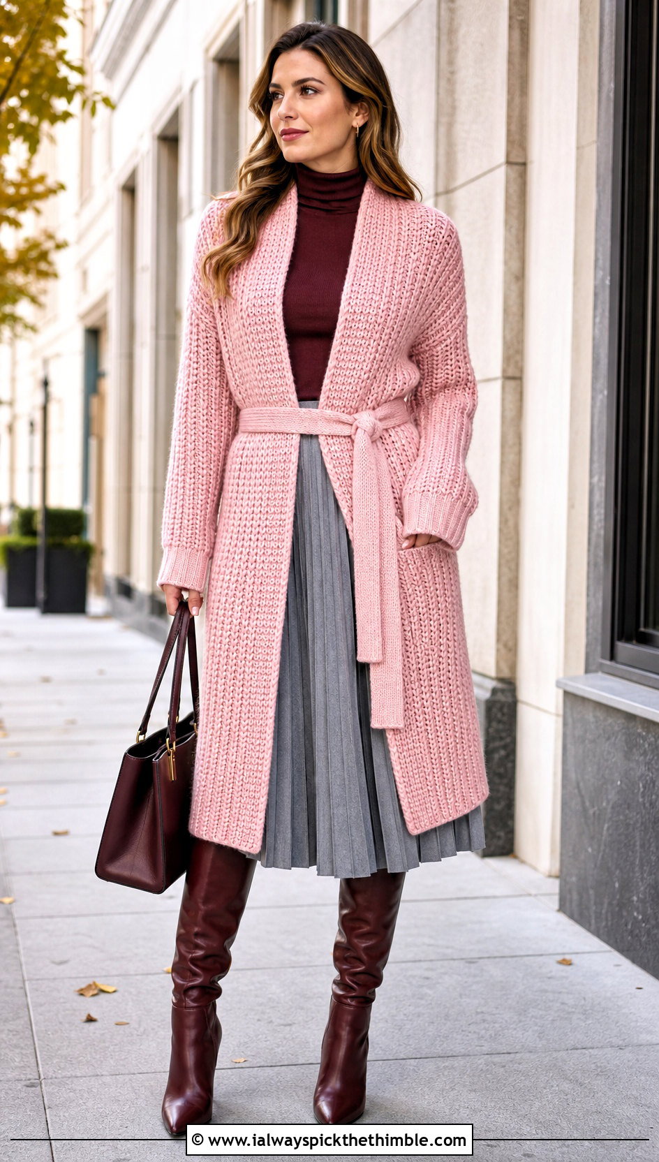 Belted Crochet Coatigan With Midi Skirt - 15 Autumn Crochet Cardigan Style outfit ideas