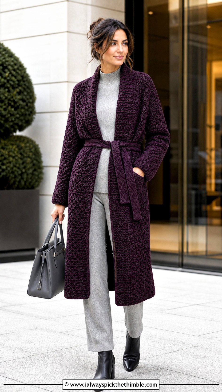 Belted Crochet Coatigan With Monochrome Knit Outfit - 25 crochet cardigans outfit ideas