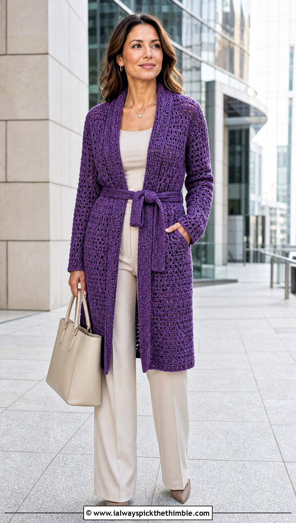 Belted Crochet Coatigan With Monochrome Workwear - 15 Women Crochet Cardigan outfit ideas