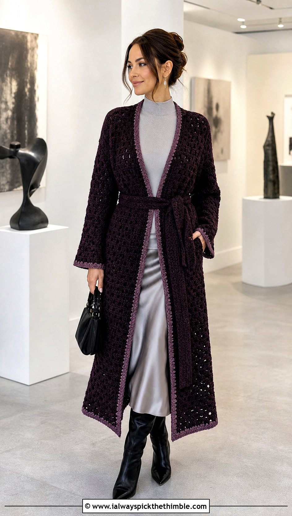 Belted Crochet Coatigan With Satin Midi Skirt - 20 halloween crochet cardigan outfit ideas