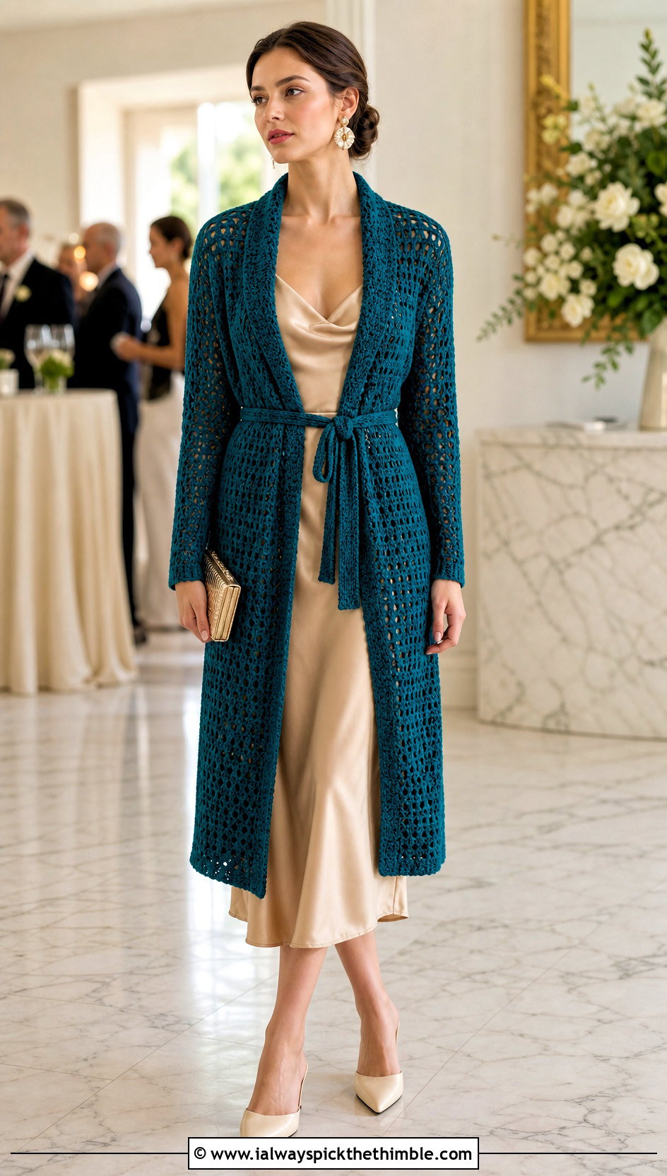 Belted Crochet Coatigan With Slip Dress - 25 crochet long cardigan outfit ideas
