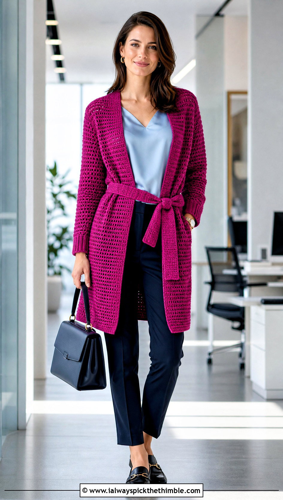 Belted Crochet Coatigan With Tailored Pants - 25 crochet long sweater outfit ideas