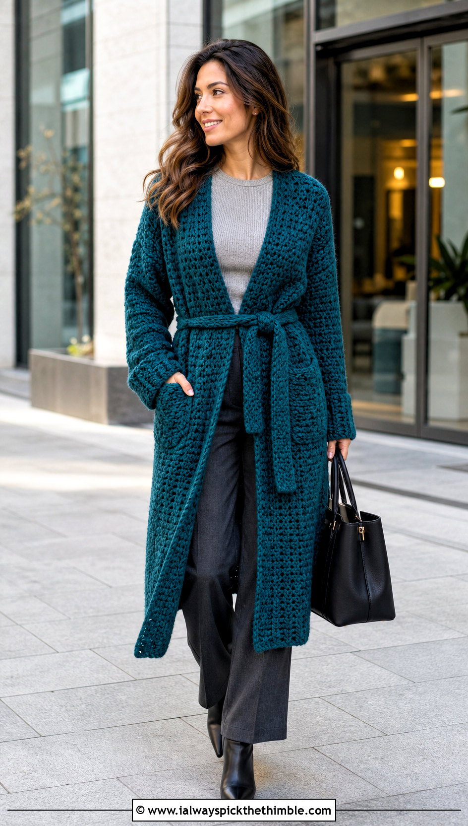 Belted Crochet Coatigan With Tailored Pants - 20 Thick Yarn Crochet Cardigan outfit ideas