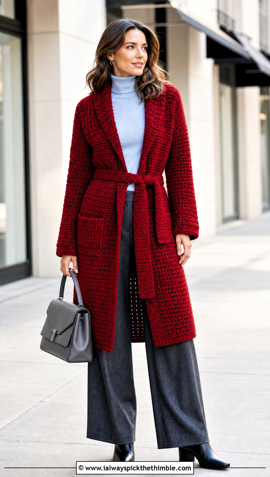 Belted Crochet Coatigan With Wide Leg Pants - 15 Crochet Womens Cardigan Sweater outfit ideas