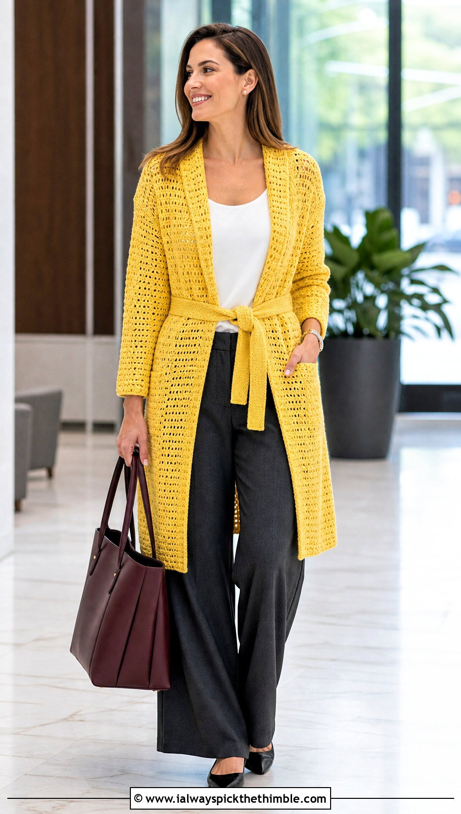 Belted Crochet Coatigan With Wide Leg Trousers - 25 crochet long jacket outfit ideas