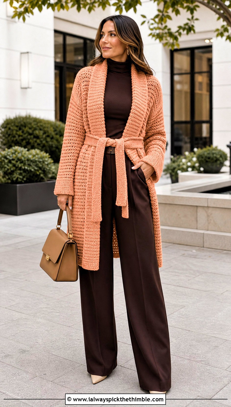 Belted Crochet Coatigan With Wide Leg Trousers - 25 fall crochet cardigan outfit ideas