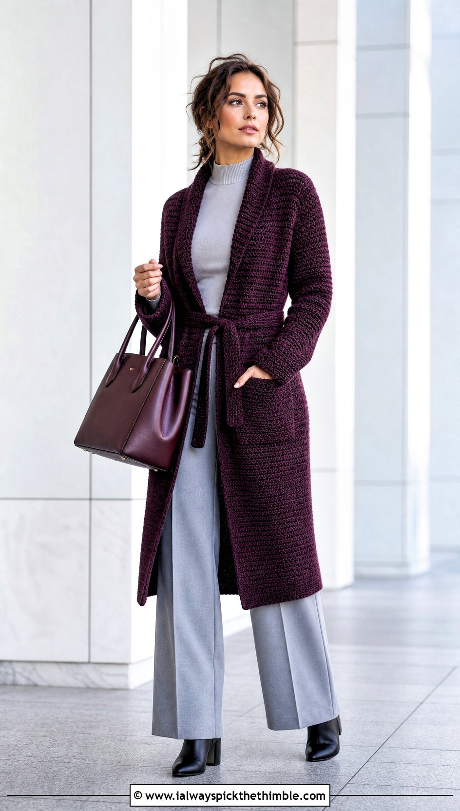 Belted Crochet Coatigan With Wide Leg Trousers - 20 crochet cardigan design outfit ideas