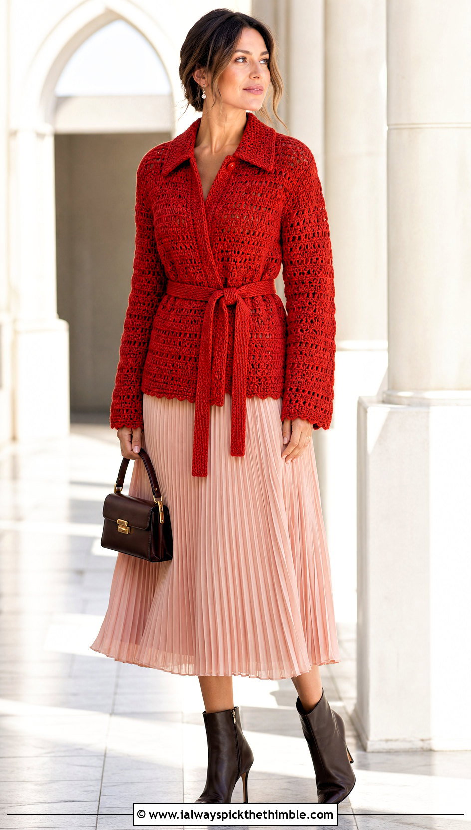 Belted Crochet Collared Sweater With Pleated Midi Skirt - 20 Crochet Collared Sweater outfit ideas