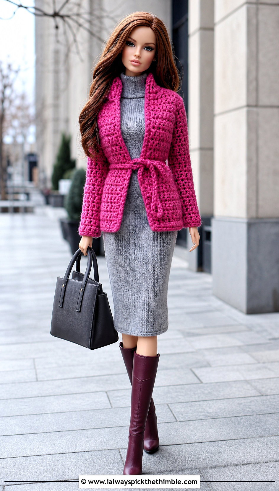 Belted Crochet Doll Jacket With Knit Dress - 20 crochet doll jacket outfit ideas