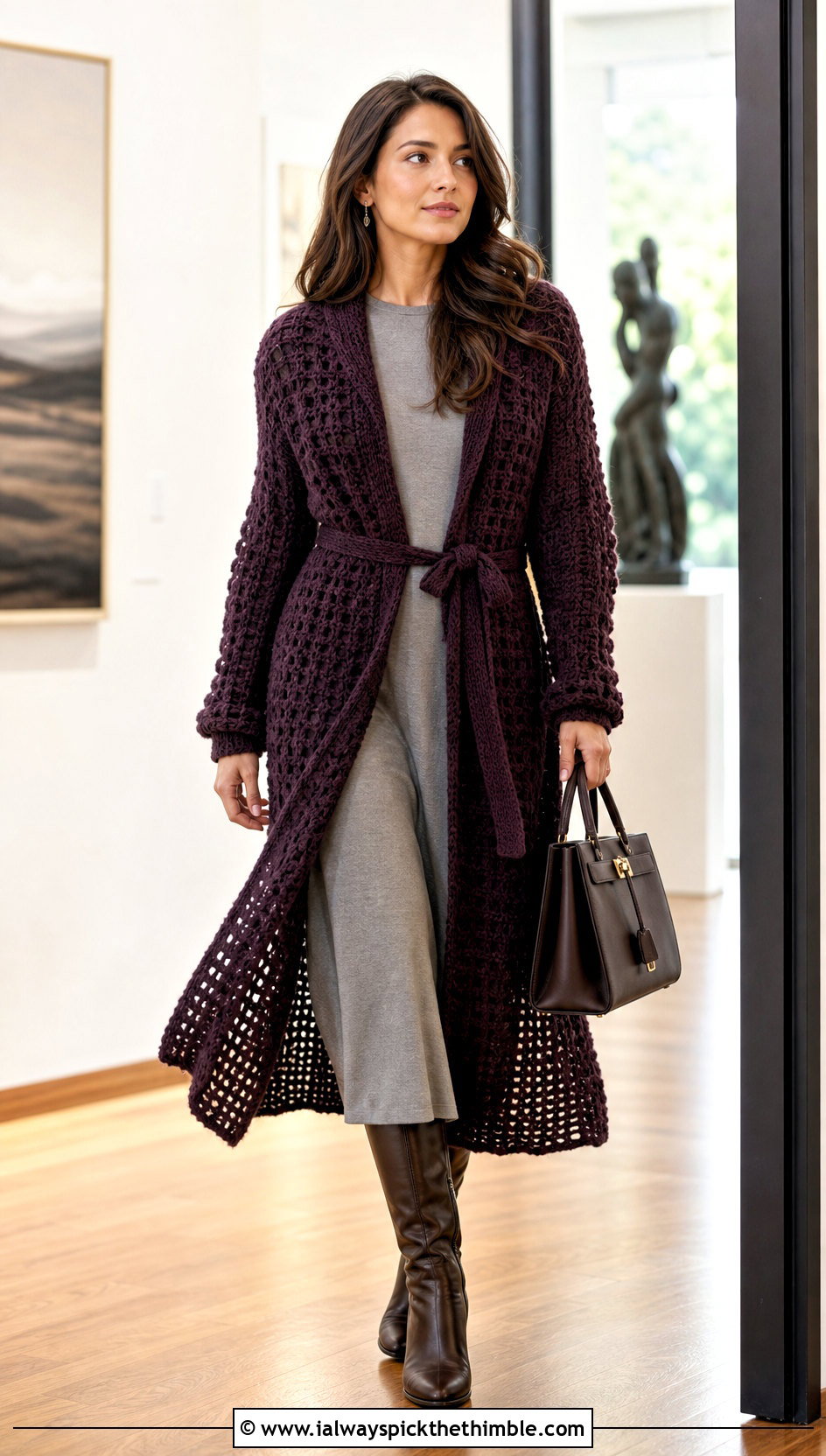 Belted Crochet Duster Cardigan With Column Dress - 20 bohemian crochet cardigan outfit ideas