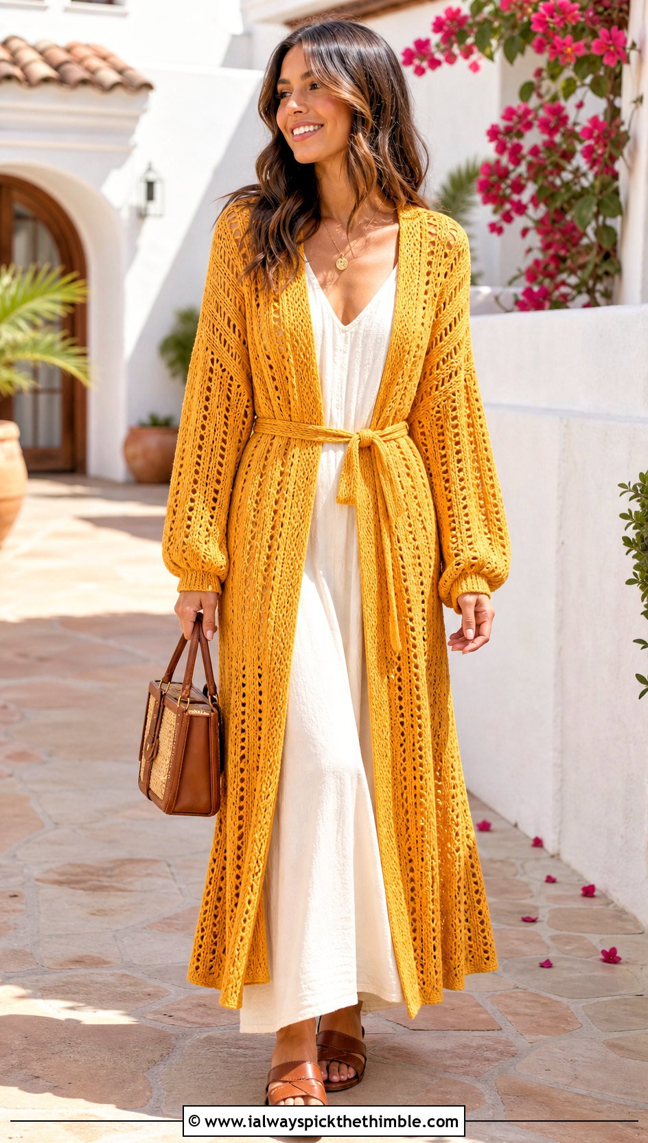 Belted Crochet Duster Cardigan With Maxi Dress - 15 very easy crochet cardigan outfit ideas