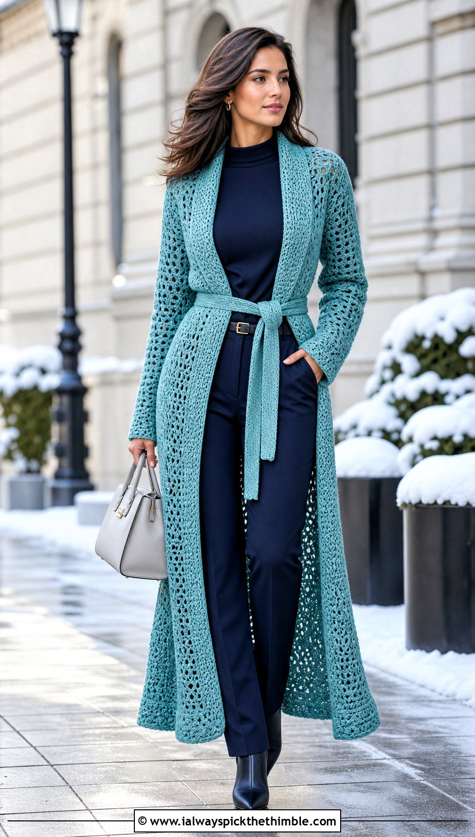 Belted Crochet Duster Cardigan With Monochrome Tailoring - 20 crochet winter cardigan outfit ideas