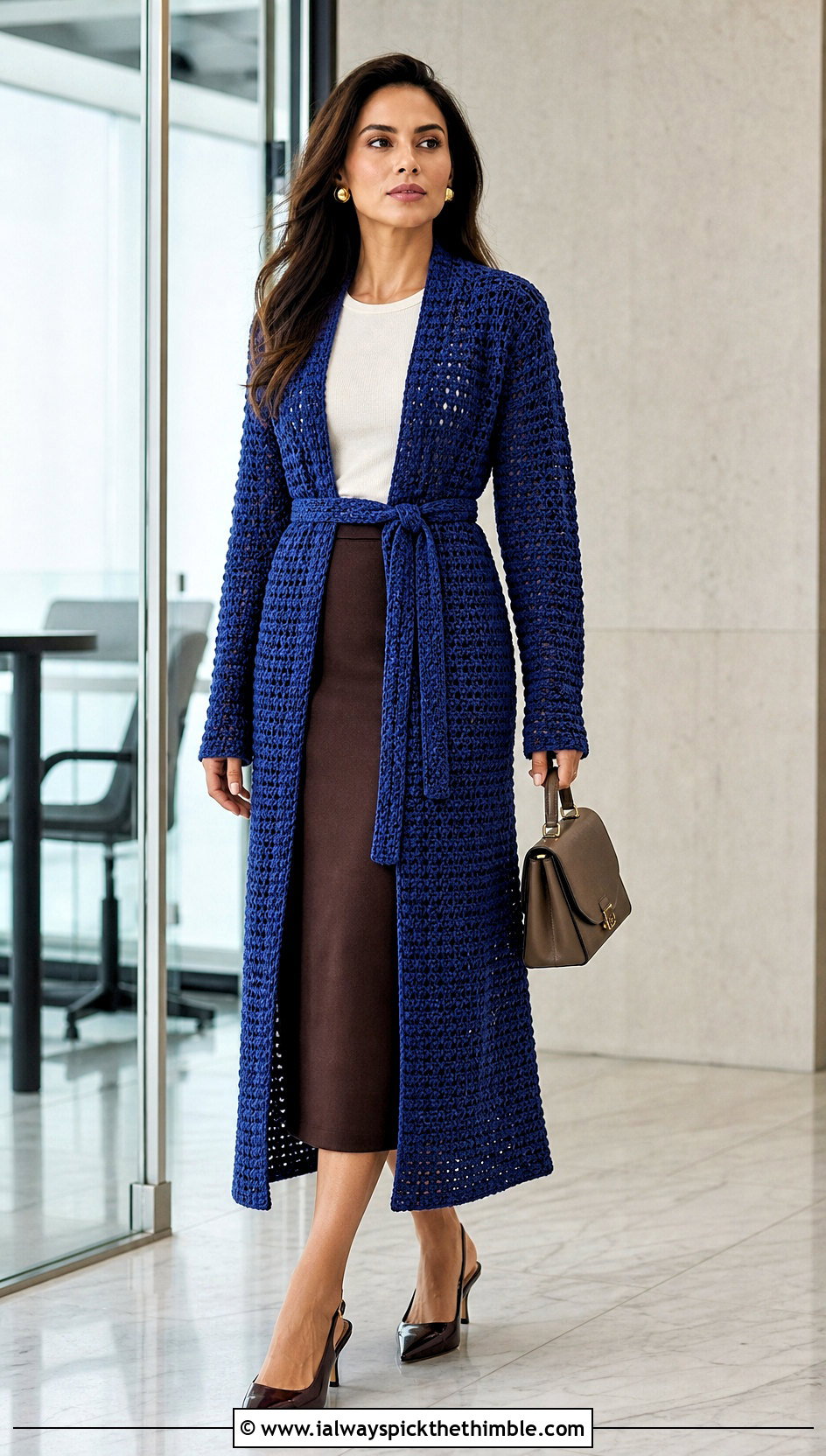 Belted Crochet Duster With Fitted Top And Pencil Skirt - 20 Easy Crochet Duster outfit ideas