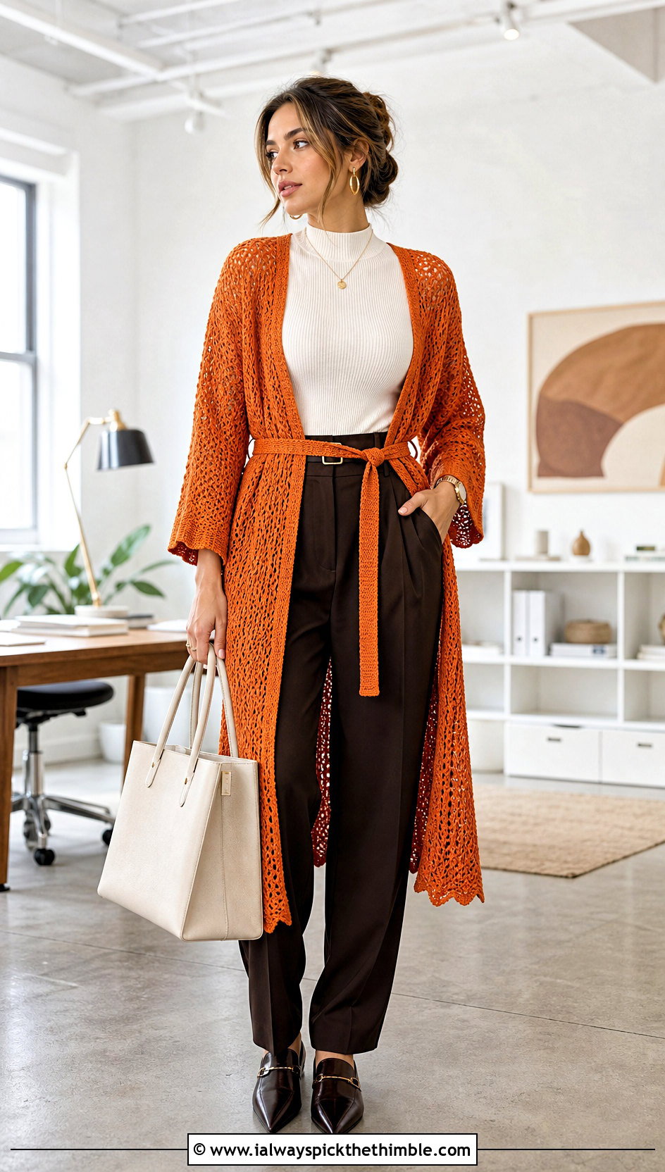 Belted Crochet Duster With Tailored Trousers - 20 crochet duster outfit ideas