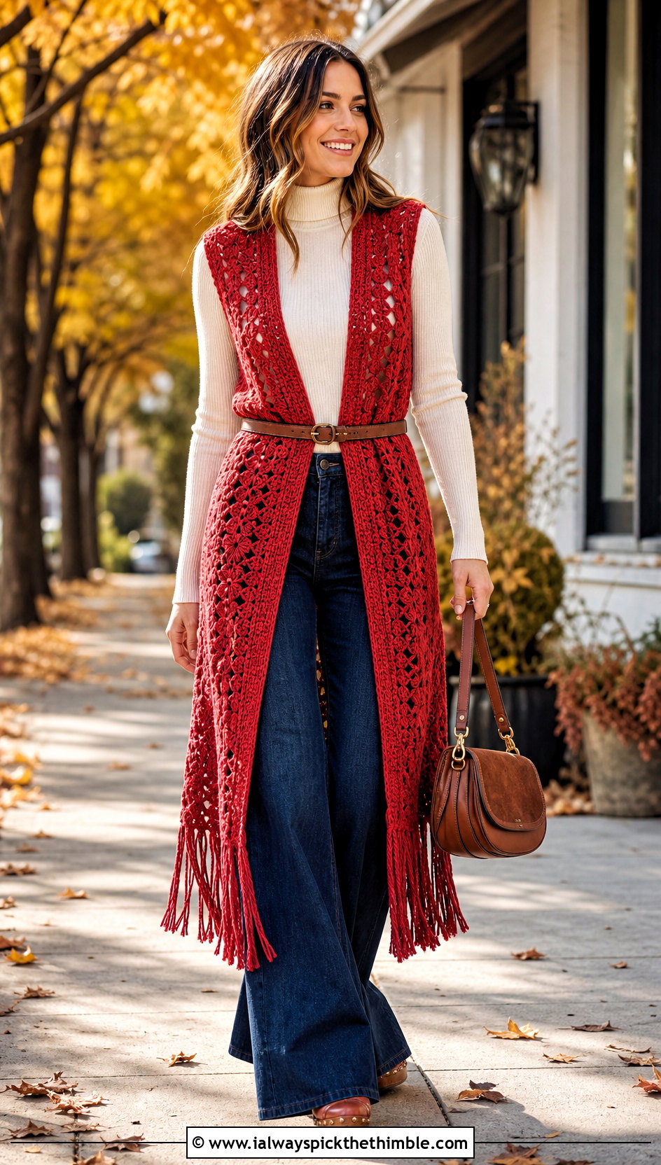 Belted Crochet Fringe Vest With Wide Leg Jeans - 15 long crochet vest with fringe outfit ideas
