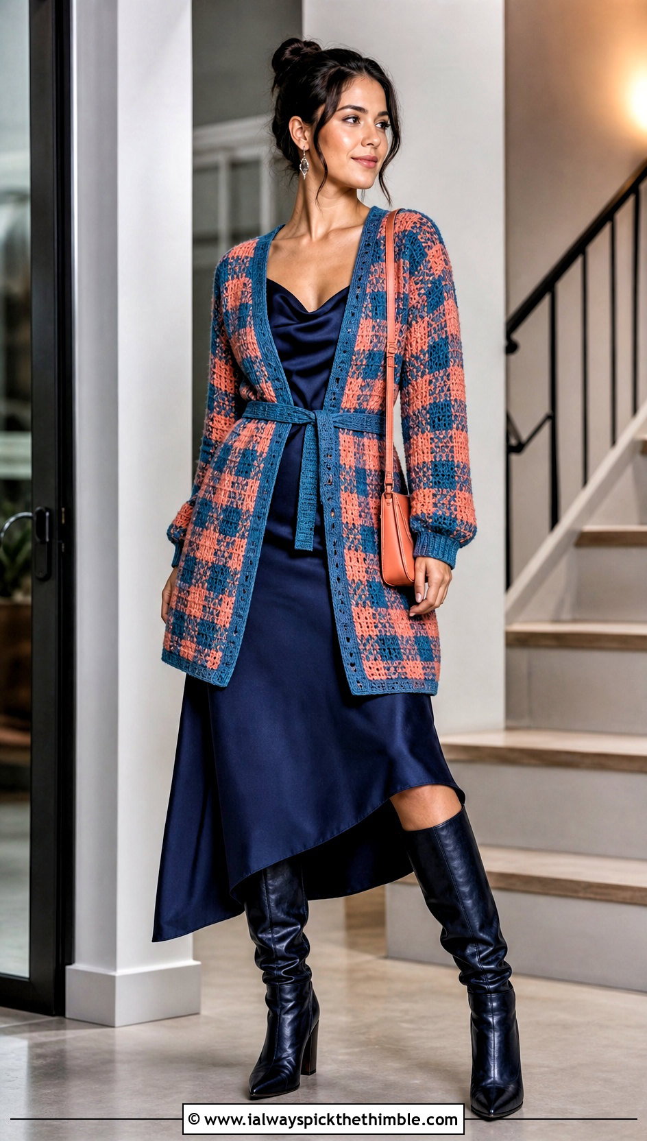 Belted Crochet Gingham Cardigan With Slip Dress - 20 Crochet Gingham Sweater outfit ideas
