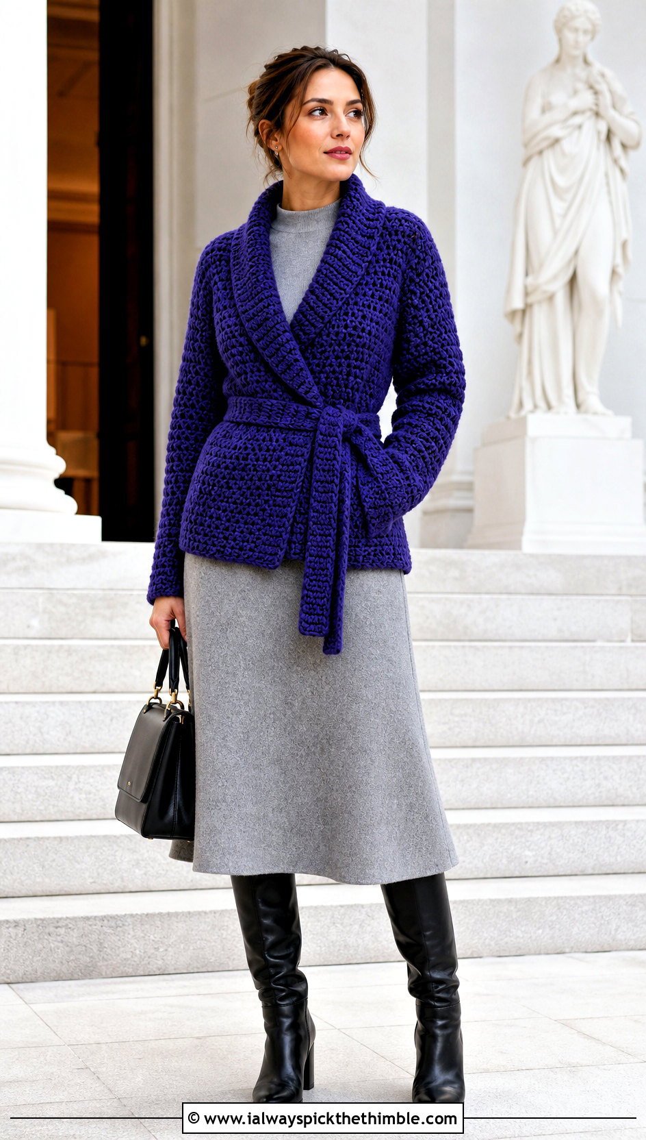 Belted Crochet Grandpa Sweater With Wool Midi Skirt - 20 Crochet Grandpa Sweater outfit ideas