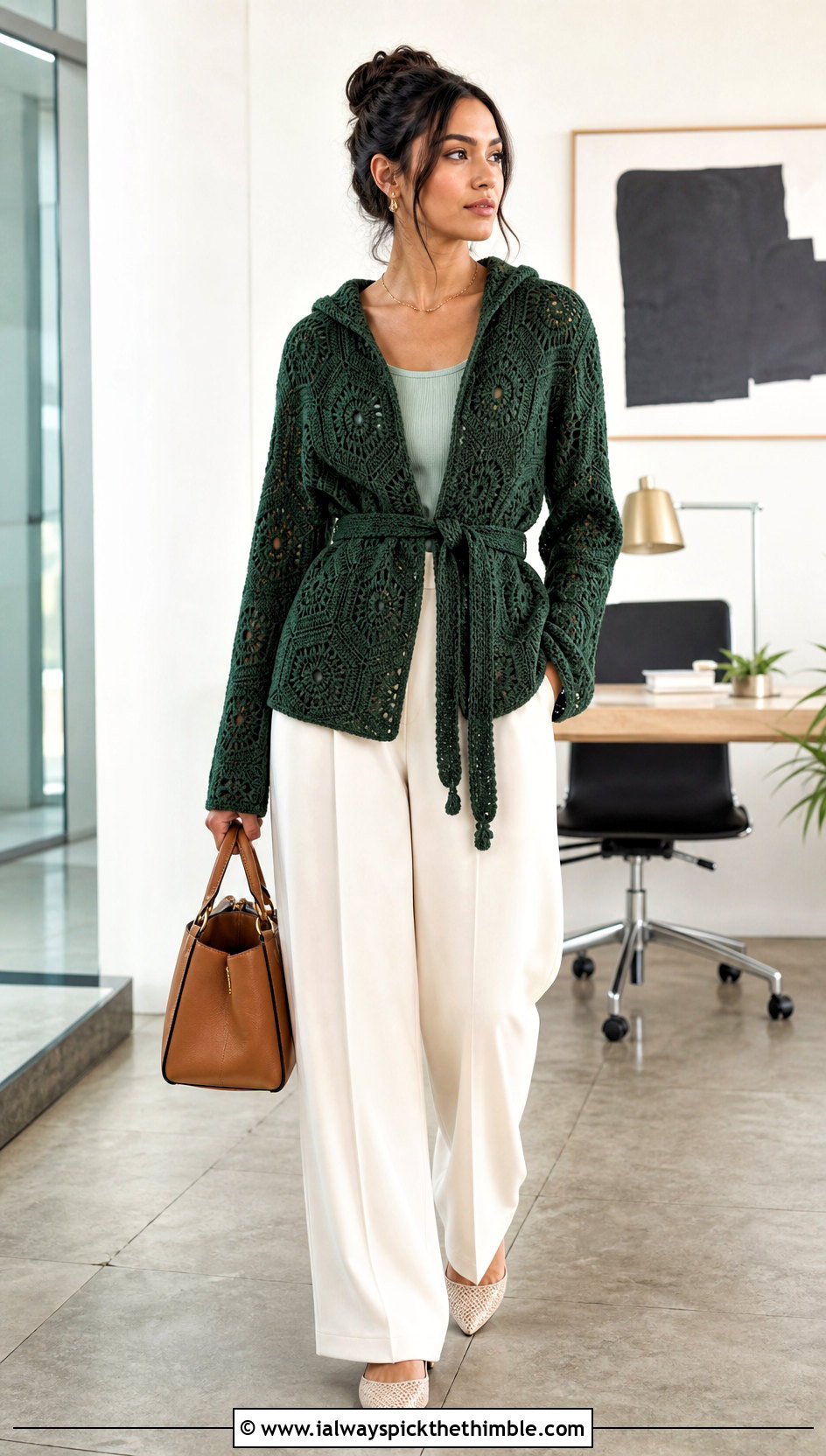 Belted Crochet Hexagon Hoodie With Wide Leg Trousers - 20 crochet hexagon hoodie outfit ideas