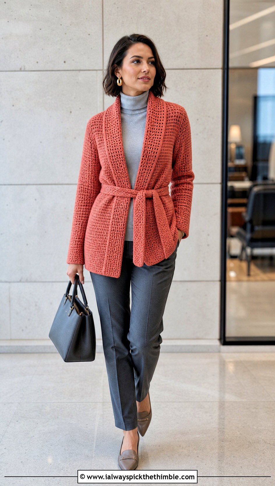 Belted Crochet Jacket With Tailored Trousers - 15 crochet jacket for beginners outfit ideas