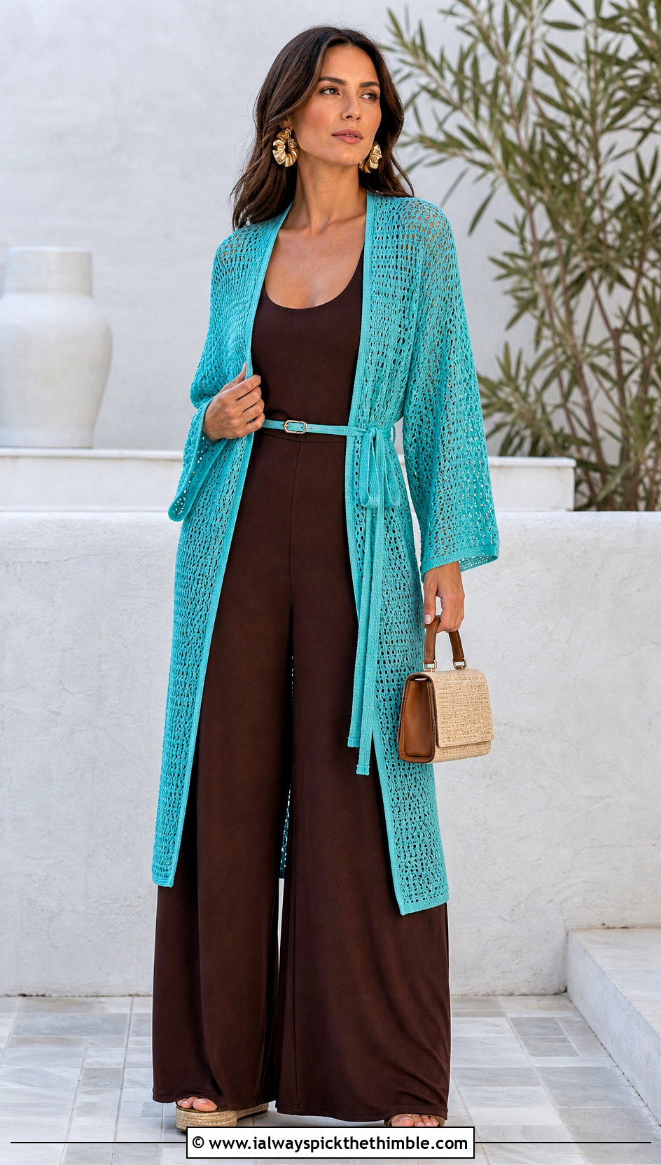 Belted Crochet Kimono Cardigan With Wide Leg Jumpsuit - 25 crochet kimono cardigan outfit ideas