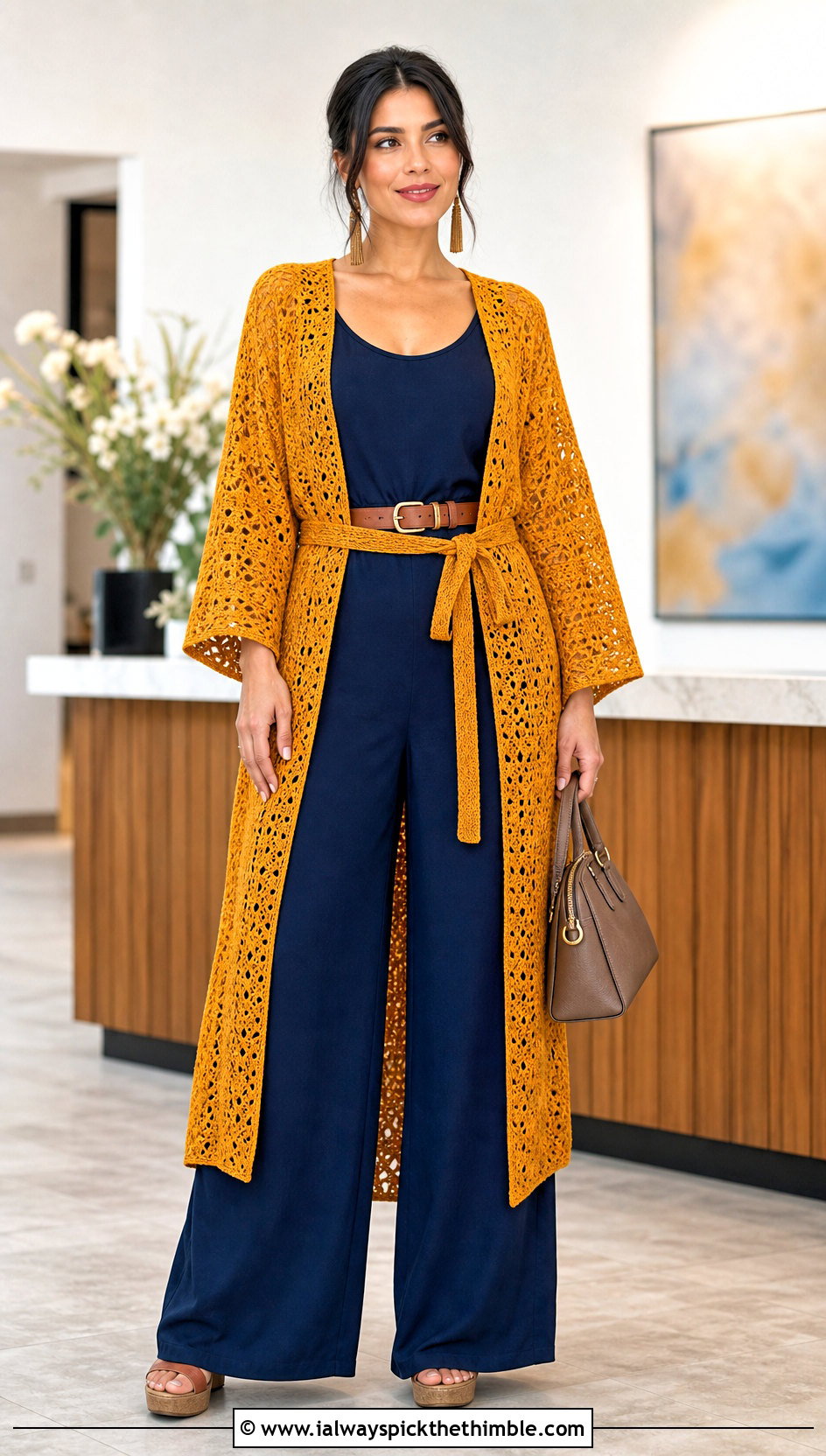 Belted Crochet Kimono With Wide Leg Jumpsuit - 25 crochet kimono outfit ideas